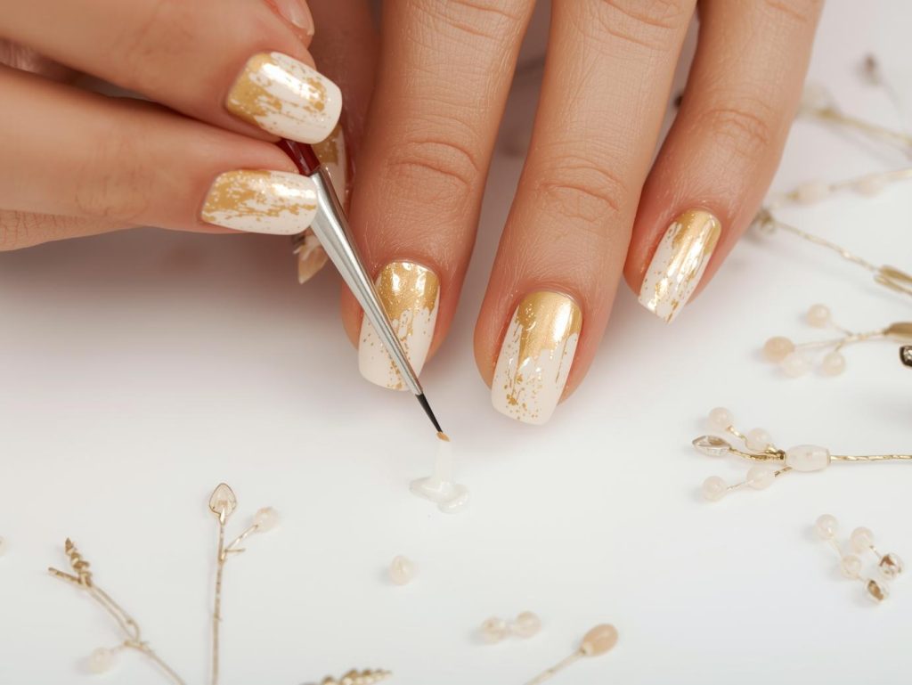 Watercolor Nail Designs: Dreamy and Pinterest-Worthy Manicures to Adore 12 Creating glossy ivory gold watercolor nail art with gold watercolor splashes.