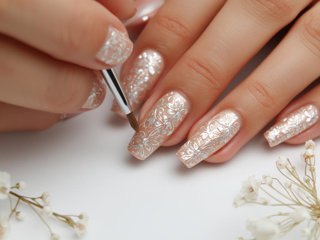Creating glossy champagne silver floral filigree nail art with silver patterns.