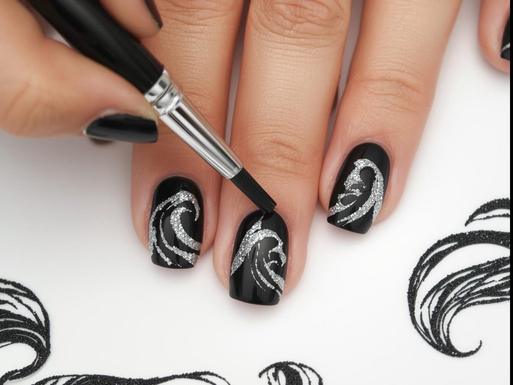  Creating bold black silver glitter wave accent nail art with silver polish.