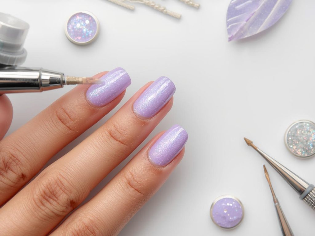 Creating soft lavender holographic airbrush nail art with holographic details.