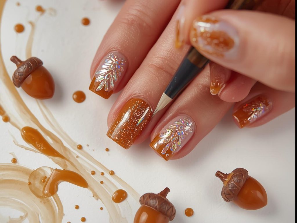 Brown Nail Designs: Warm and Pinterest-Worthy Manicures to Adore 12 Creating glossy caramel holographic acorn nail art with holographic polish.