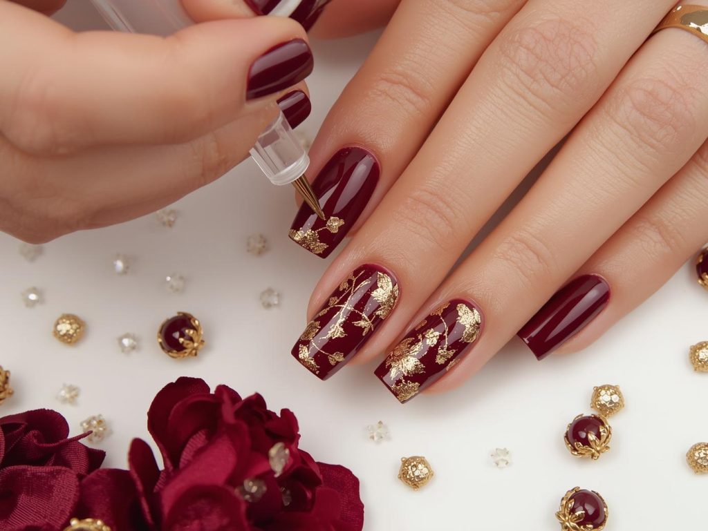 Creating glossy burgundy gold foil floral nail art with gold foil.
