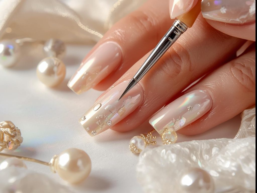 Beige Nail Designs: Elegant and Pinterest-Worthy Manicures to Adore 12 Creating glossy beige holographic pearl nail art with holographic polish.