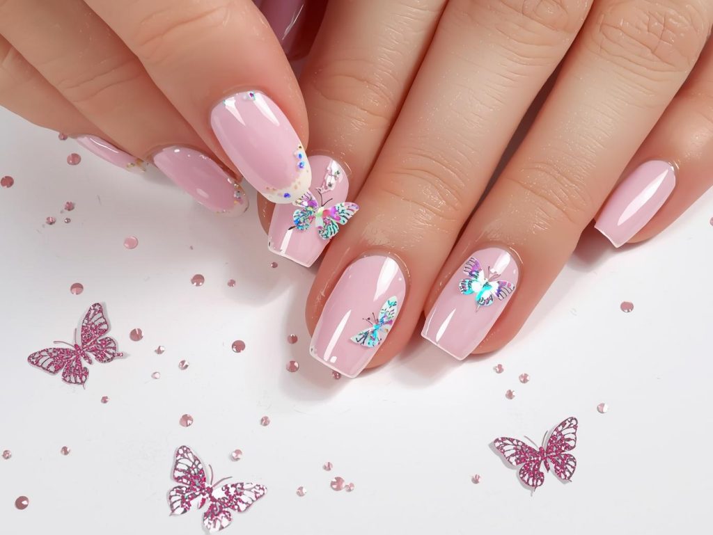 Creating soft pink holographic butterfly decal nail art with holographic butterfly decals.