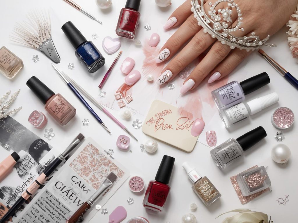  Nail art kit with polish and tools for prom nail designs.