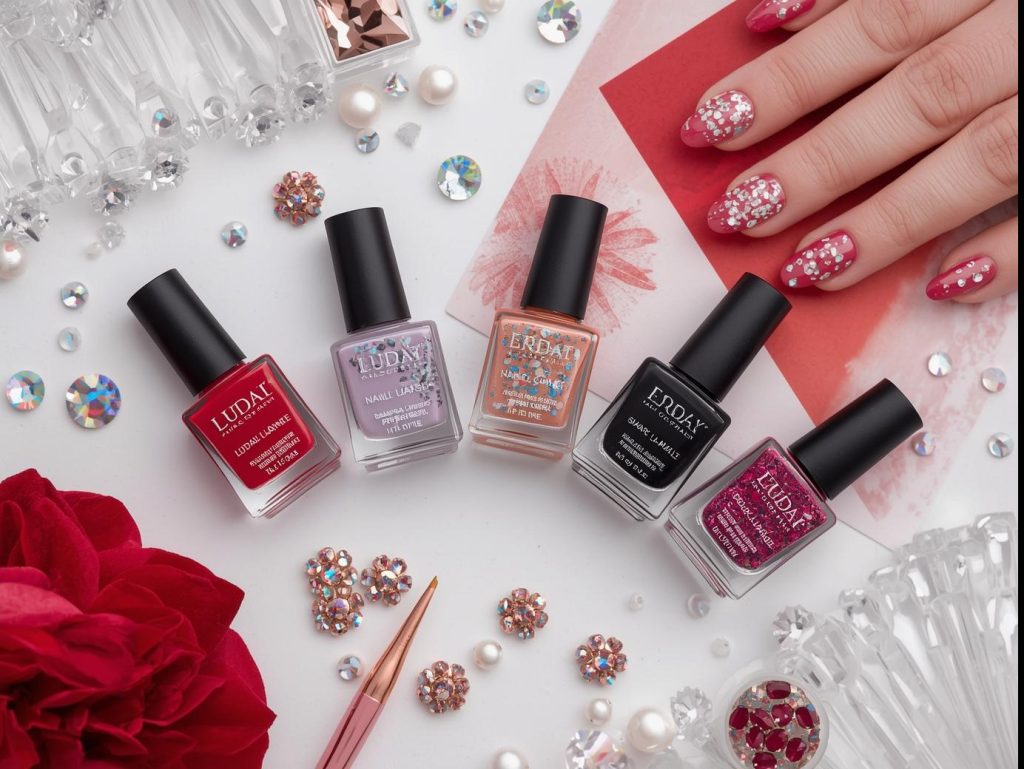 Nail art kit with polish and tools for rhinestone nail designs.