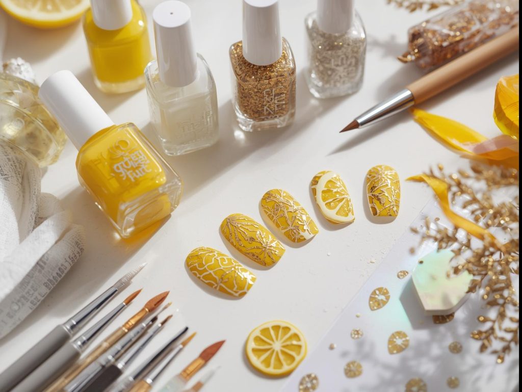  Nail art kit with polish and tools for lemon yellow nail designs.