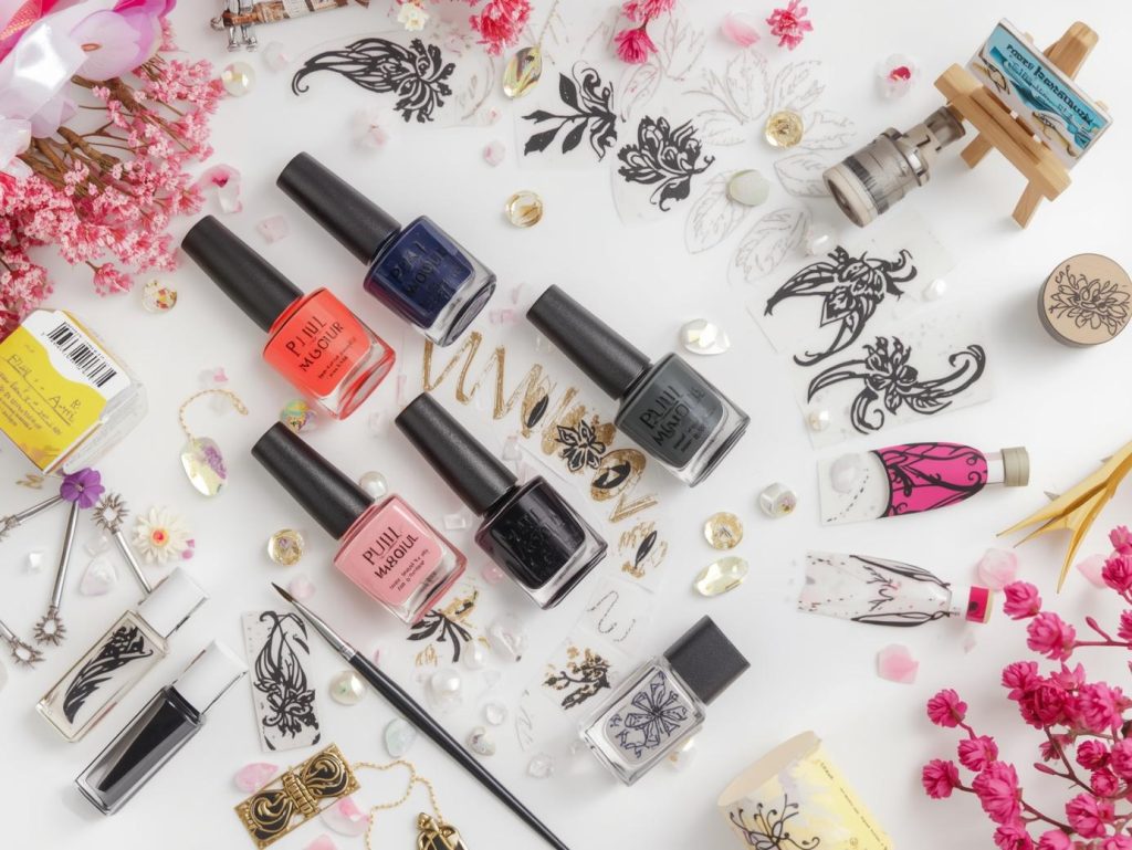 Nail art kit with polish and tools for hand painted nail designs.