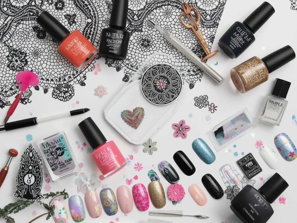 Nail art kit with polish and tools for nail stamping designs.