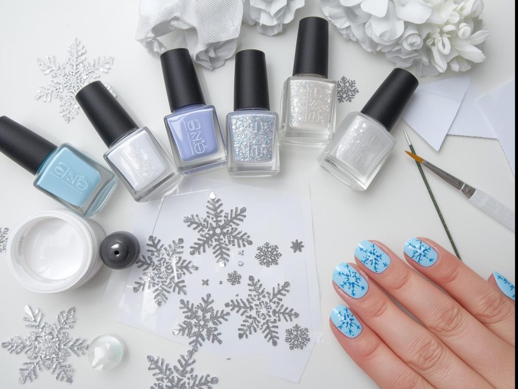  Nail art kit with polish and tools for frosted nail designs.