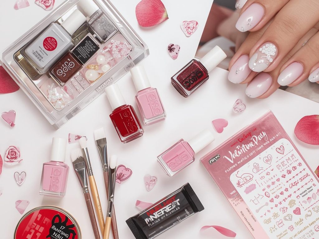 Nail art kit with polish and tools for Valentine's Day nail designs.