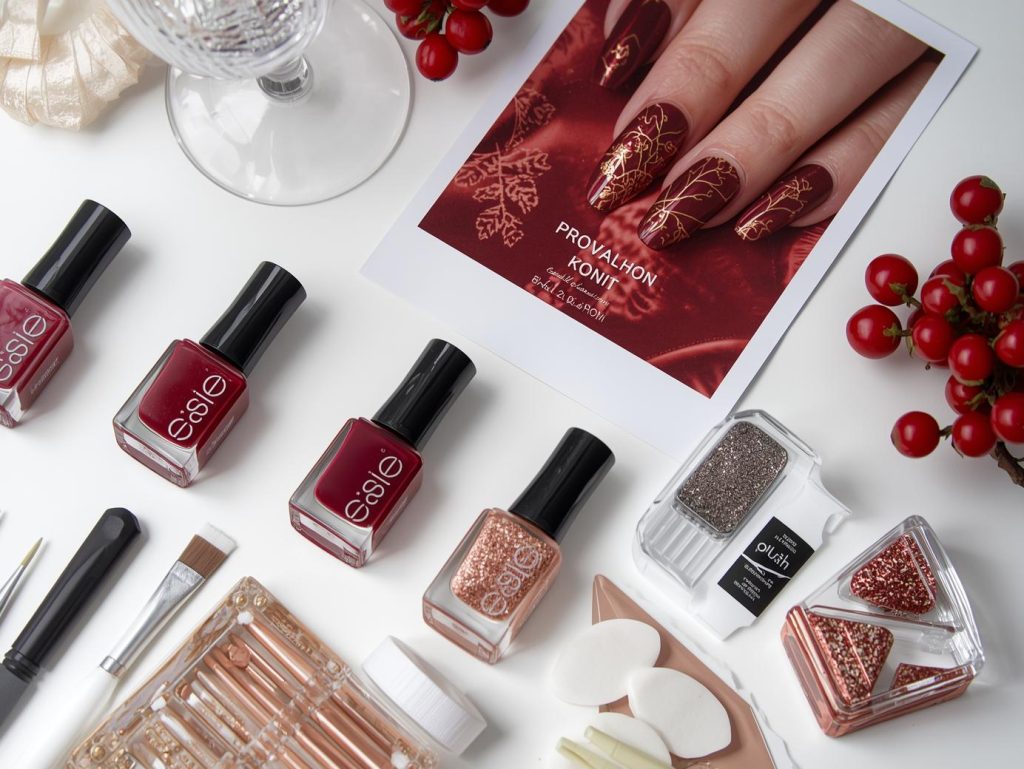 Nail art kit with polish and tools for wine red nail designs.