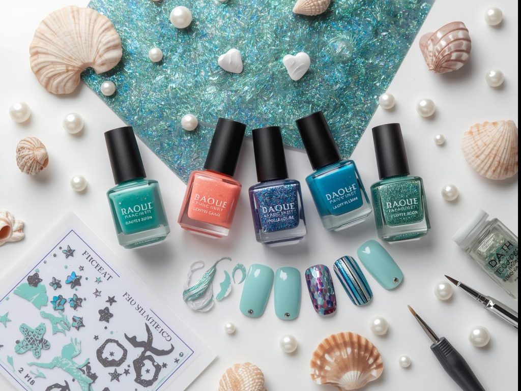 Mermaid Nail Designs: Enchanting and Pinterest-Worthy Manicures to Adore 13 Nail art kit with polish and tools for mermaid nail designs.