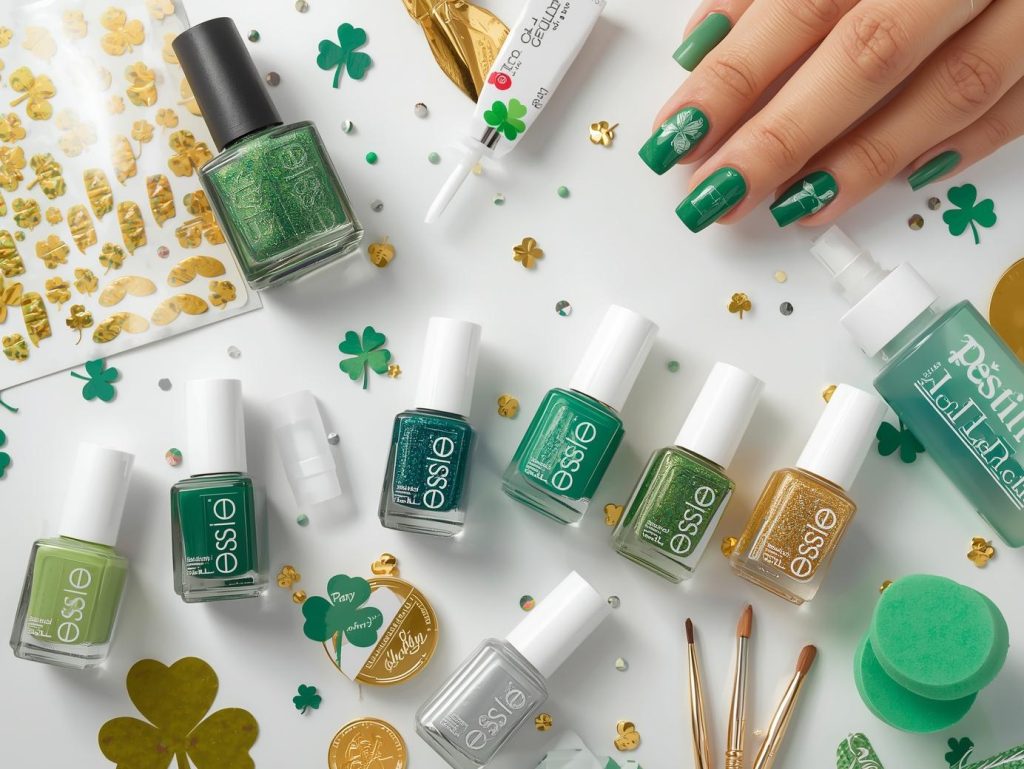 Nail art kit with polish and tools for St. Patrick’s Day nail designs.