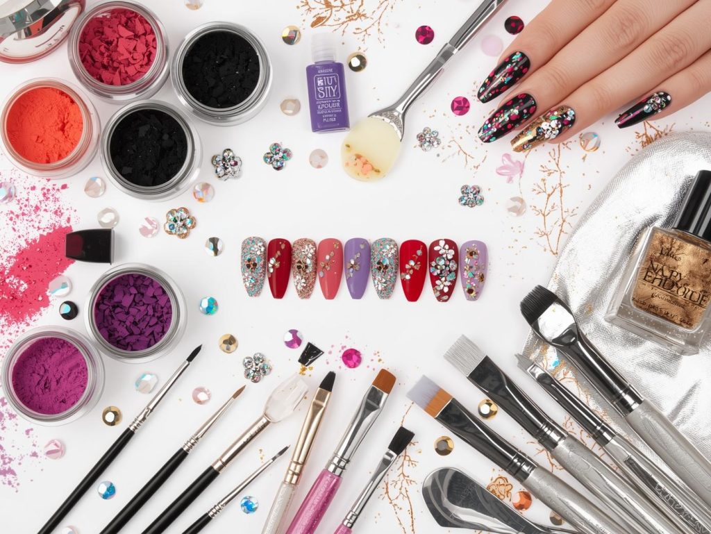DIY acrylic nail kit with powders, monomer, and tools for acrylic nail designs.