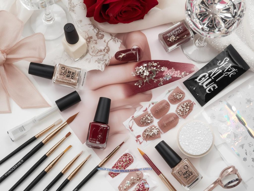 Nail art kit with polish and tools for burgundy nail designs.