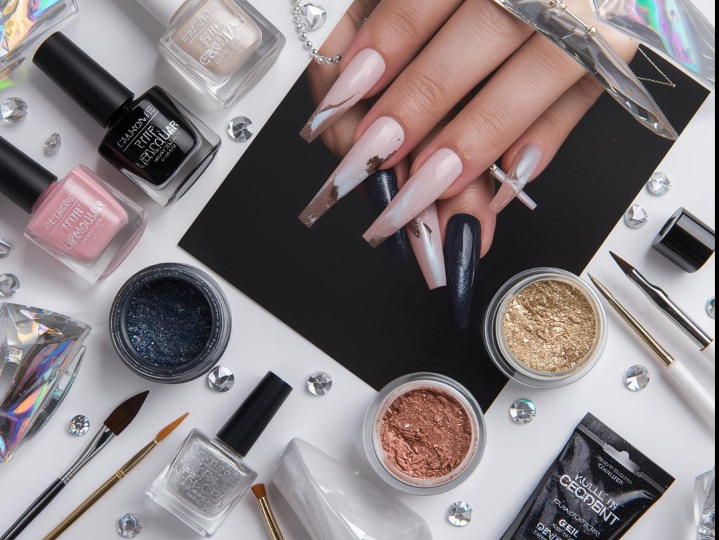  Nail art kit with polish and tools for mirror nail designs.