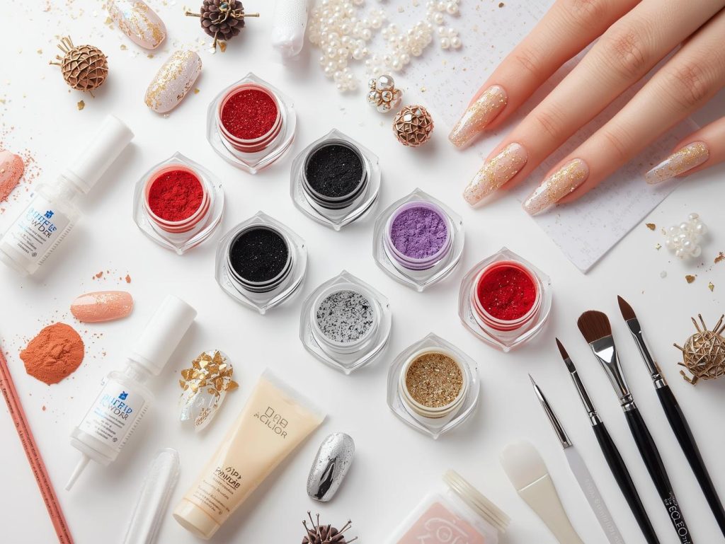  Dip powder nail kit with powders and tools for dip powder nail designs.