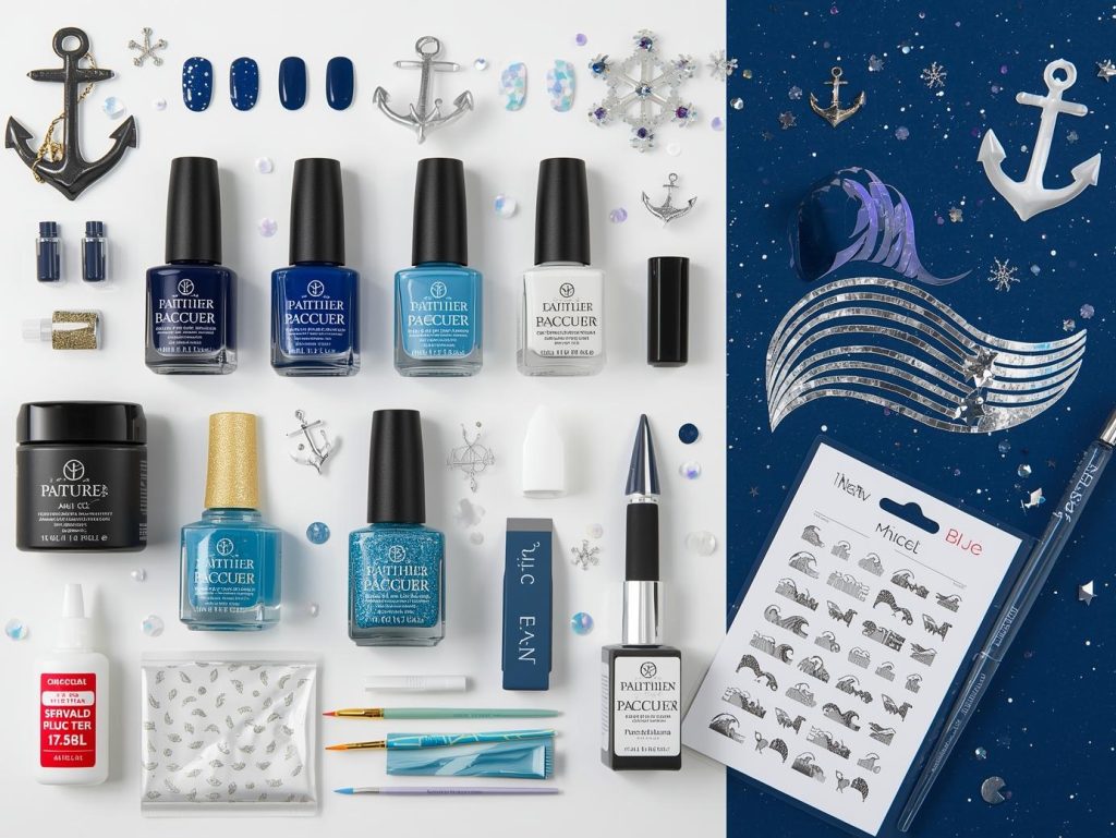 Nail art kit with polish and tools for deep blue nail designs.