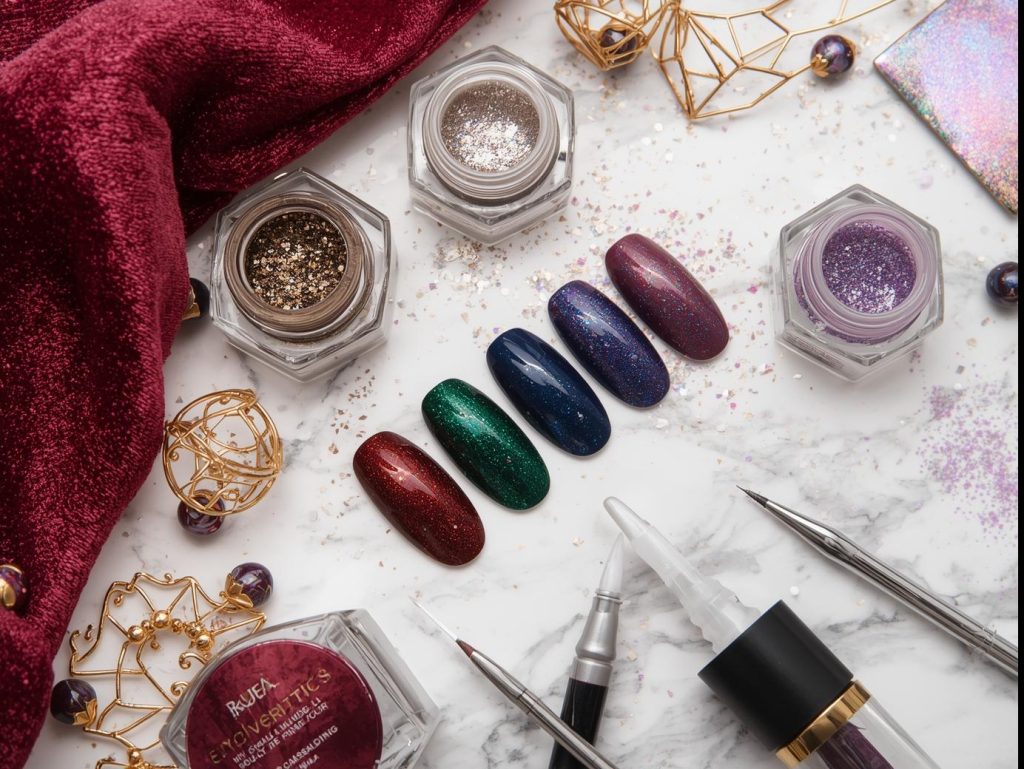 Velvet Nail Designs: Luxurious and Pinterest-Worthy Manicures to Obsess Over 13 Nail art kit with polish and tools for velvet nail designs.