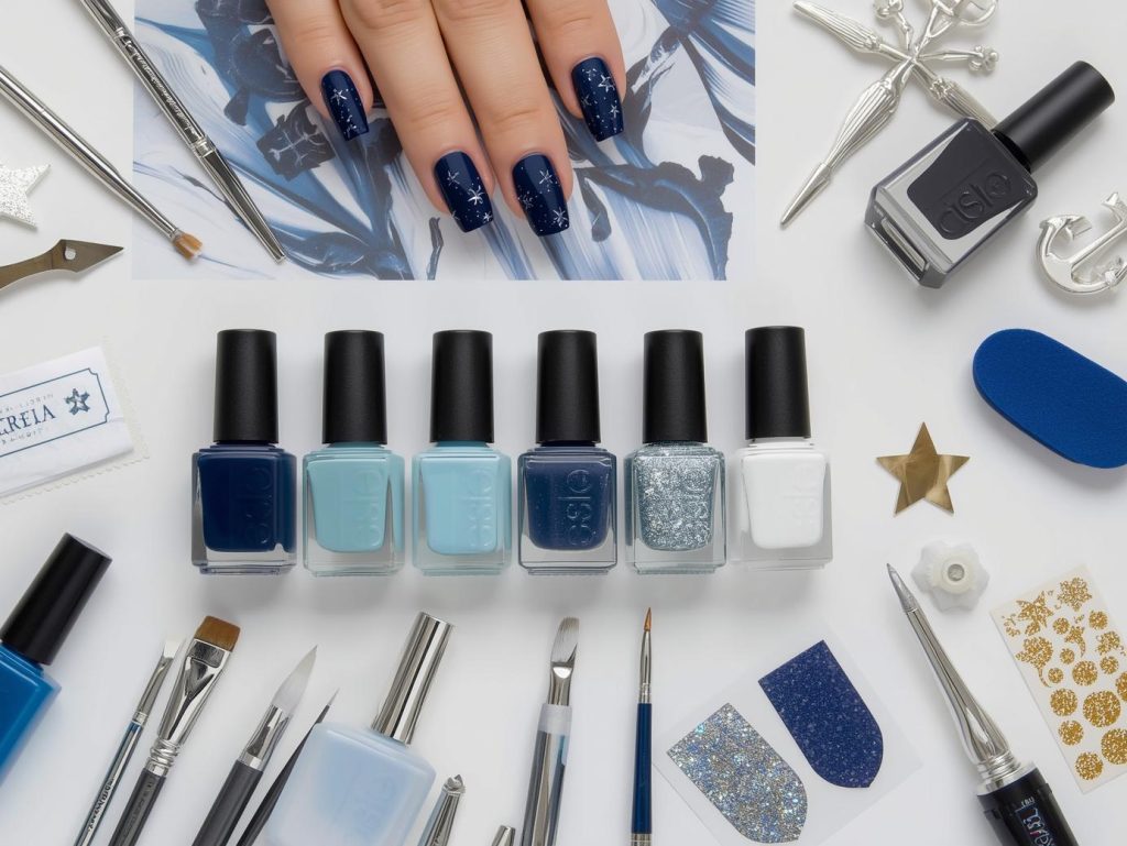 Navy Nail Designs: Bold and Pinterest-Worthy Manicures to Adore 13 Nail art kit with polish and tools for navy nail designs.