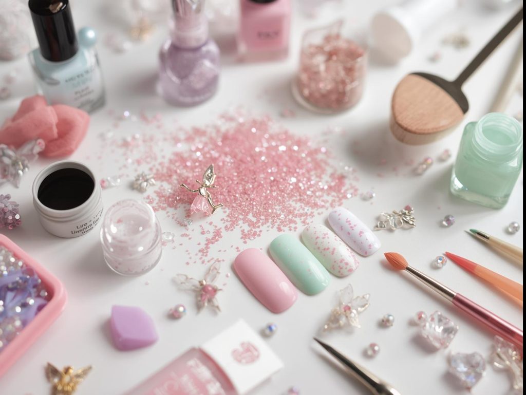 Nail art kit with polish and tools for fairy nail designs.