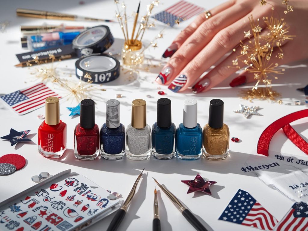 Nail art kit with polish and tools for 4th of July nail designs.