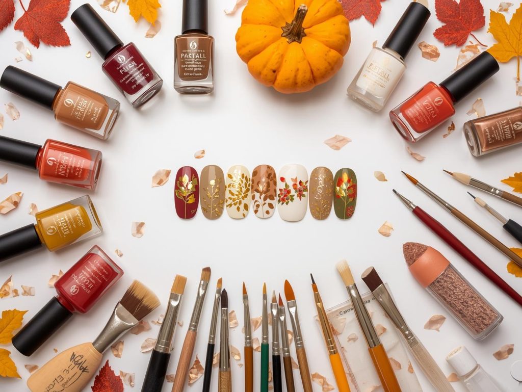 Fall Leaves Nail Art: Cozy and Pinterest-Worthy Manicures to Adore 13 Nail art kit with polish and tools for fall leaves nail designs.