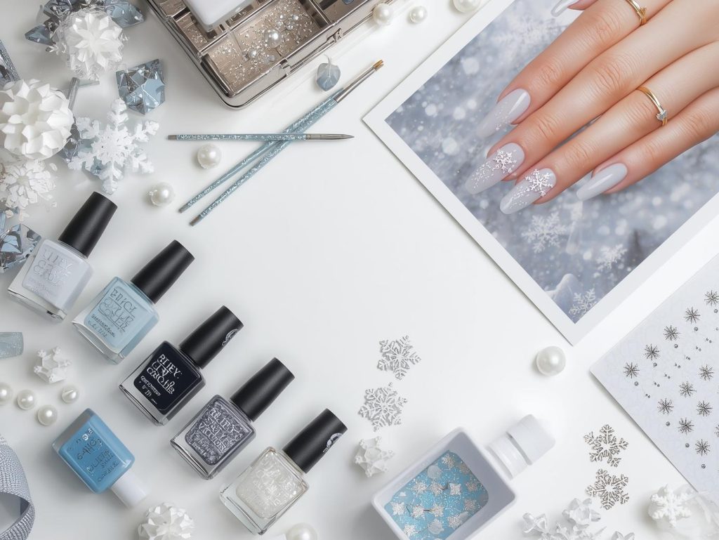 Snowflake Nail Designs: Wintry and Pinterest-Worthy Manicures to Adore 13 Nail art kit with polish and tools for snowflake nail designs.