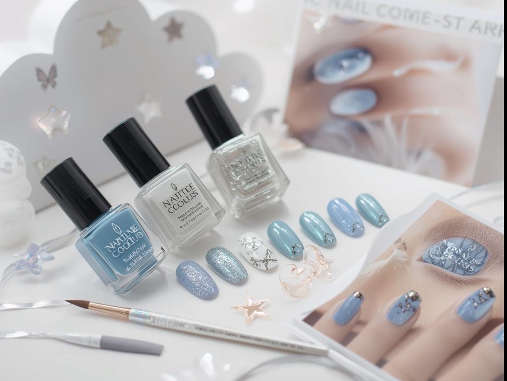 Sky Blue Nail Designs: Serene and Pinterest-Worthy Manicures to Adore 13 Nail art kit with polish and tools for sky blue nail designs.