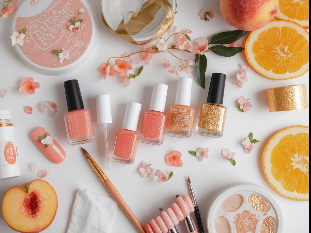 Nail art kit with polish and tools for peach nail designs