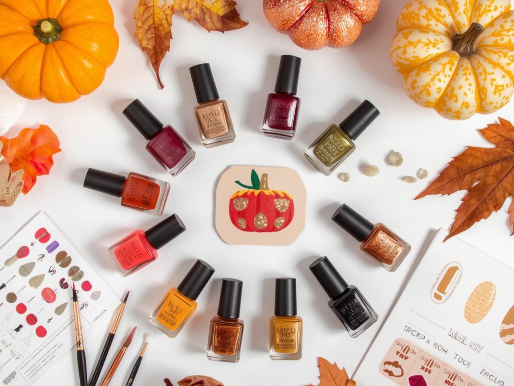 Nail art kit with polish and tools for pumpkin nail designs.
