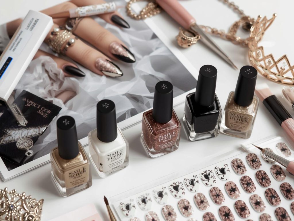 Metallic Gold Nail Designs: Opulent and Pinterest-Worthy Manicures to Adore 13 Nail art kit with polish and tools for metallic gold nail designs.