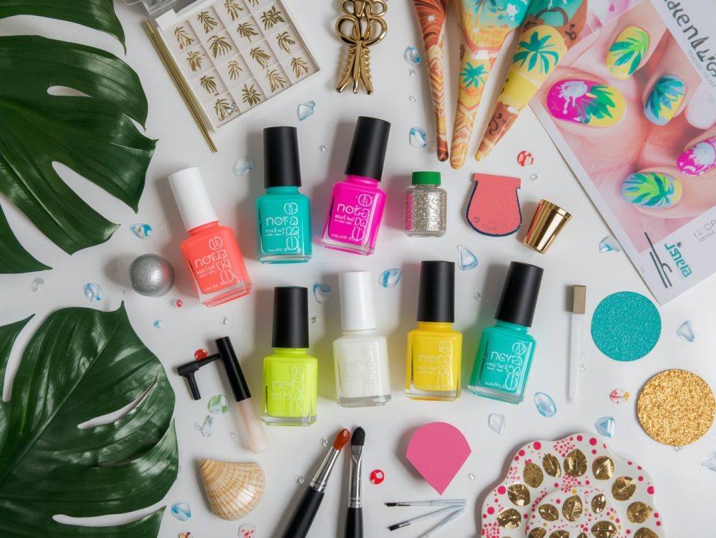 Nail art kit with polish and tools for bright summer nail designs.