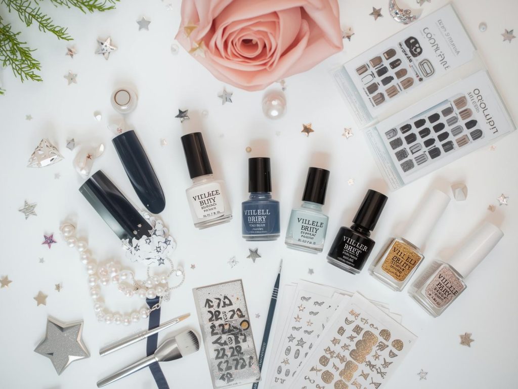 Nail art kit with polish and tools for star nail designs.