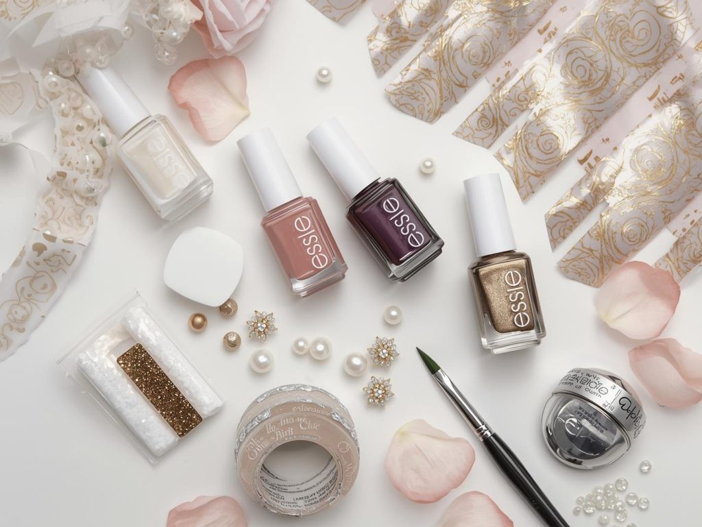 Nail art kit with polish and tools for elegant nail designs.