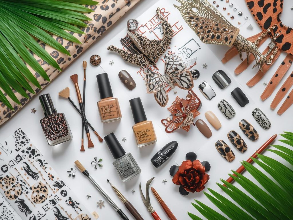Nail art kit with polish and tools for animal print nail designs.