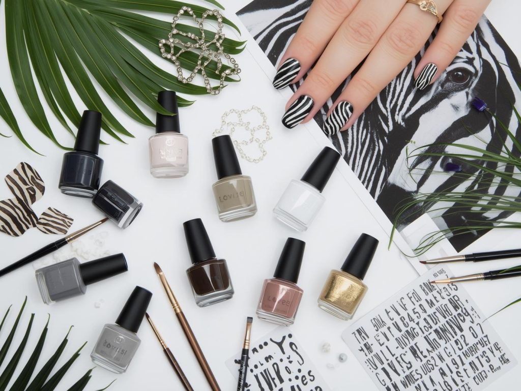 Zebra Print Nail Designs: Bold and Pinterest-Worthy Manicures to Adore 13 Nail art kit with polish and tools for zebra print nail designs.