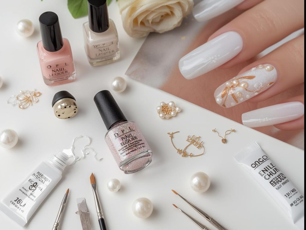  Nail art kit with polish and tools for white French tip nail designs.