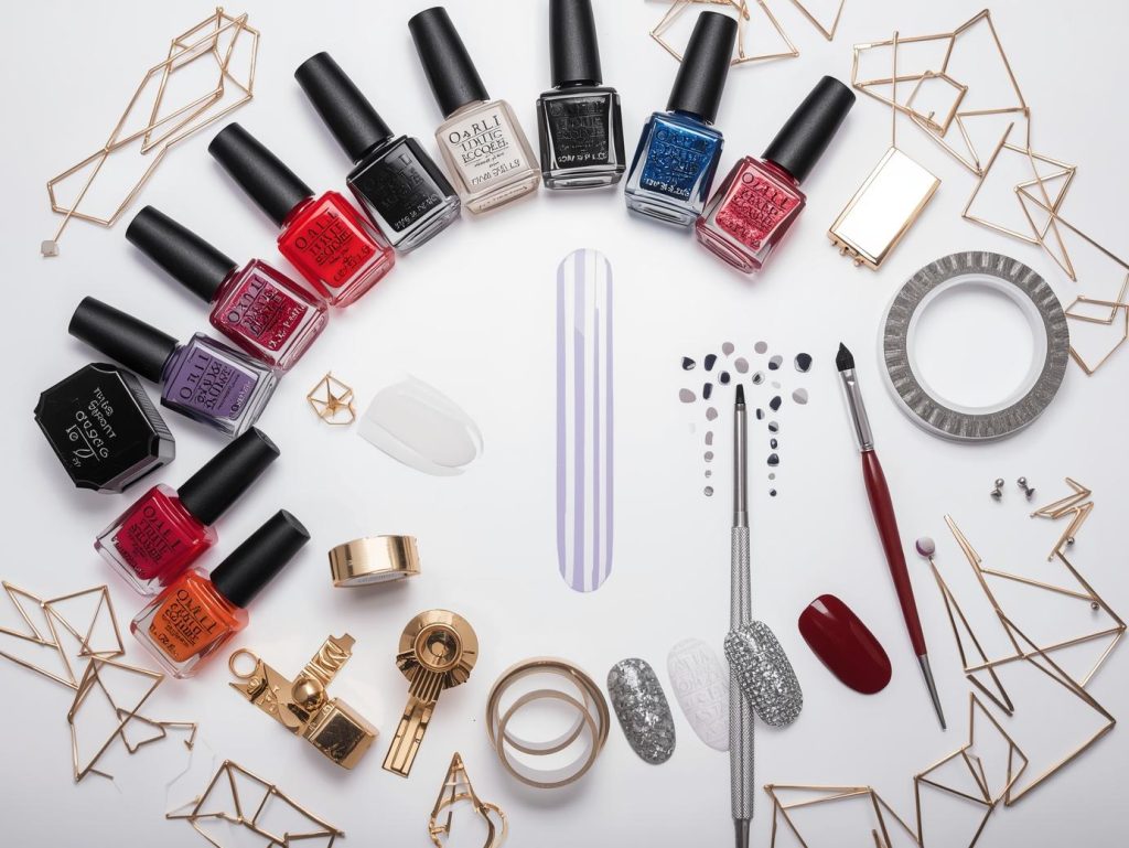 Nail art kit with polish and tools for striped nail designs.