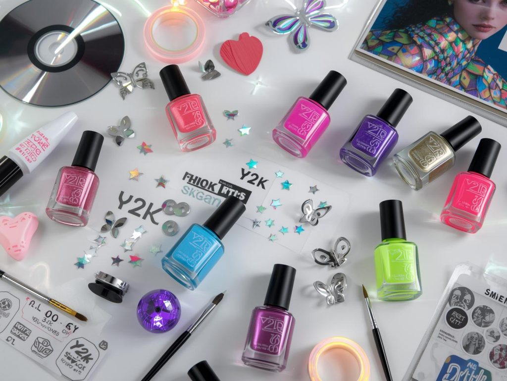 Nail art kit with polish and tools for Y2K nail designs.
