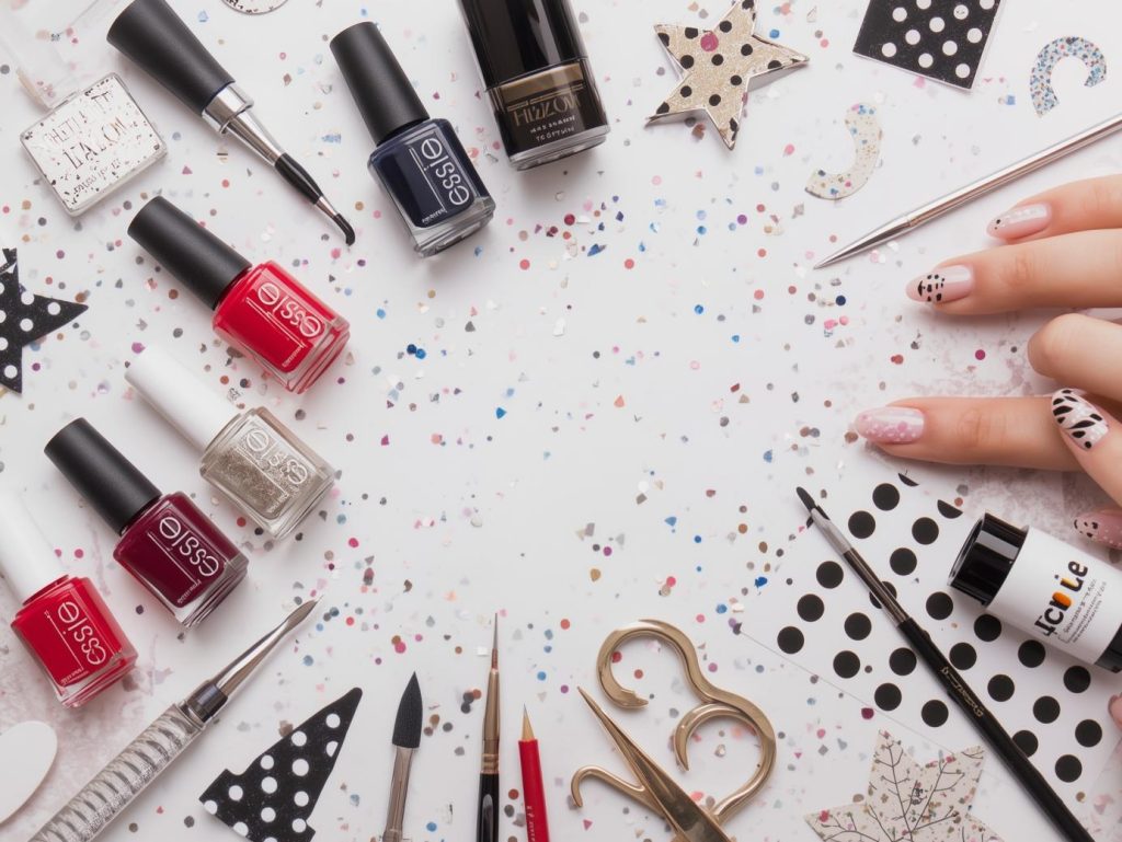 Nail art kit with polish and tools for polka dot nail designs.