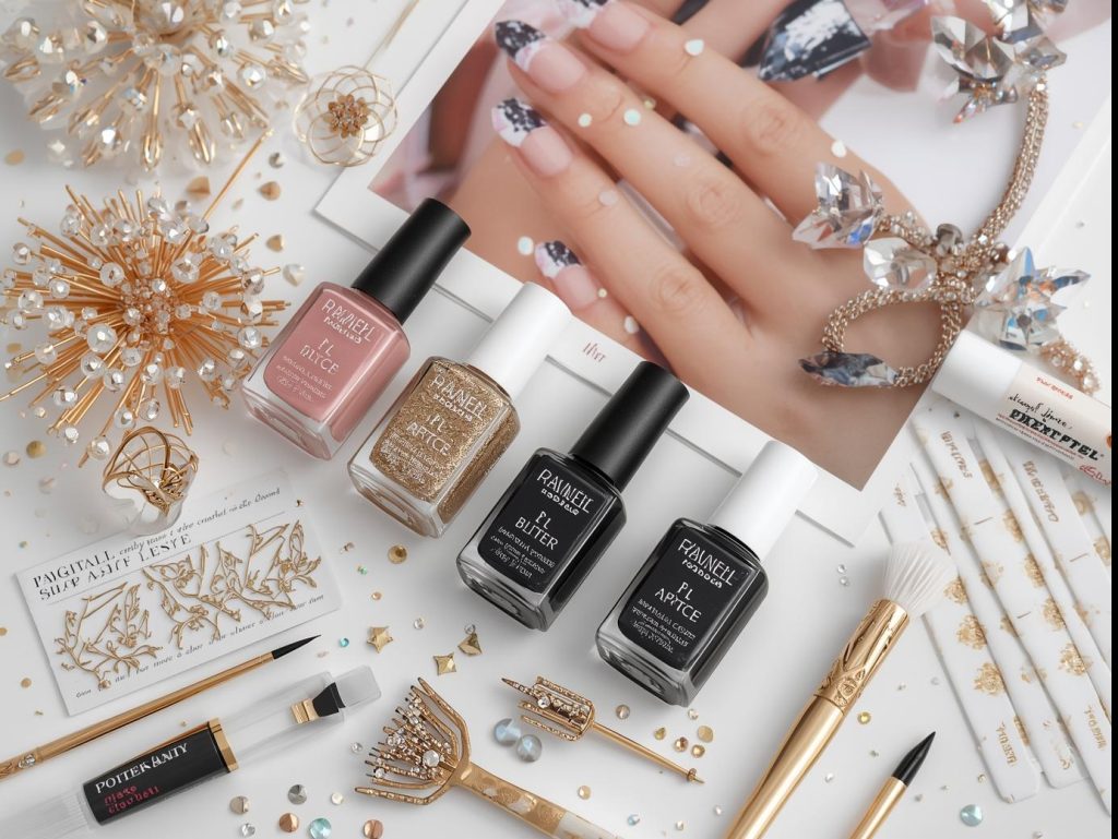 Nail art kit with polish and tools for gold French tip nail designs.
