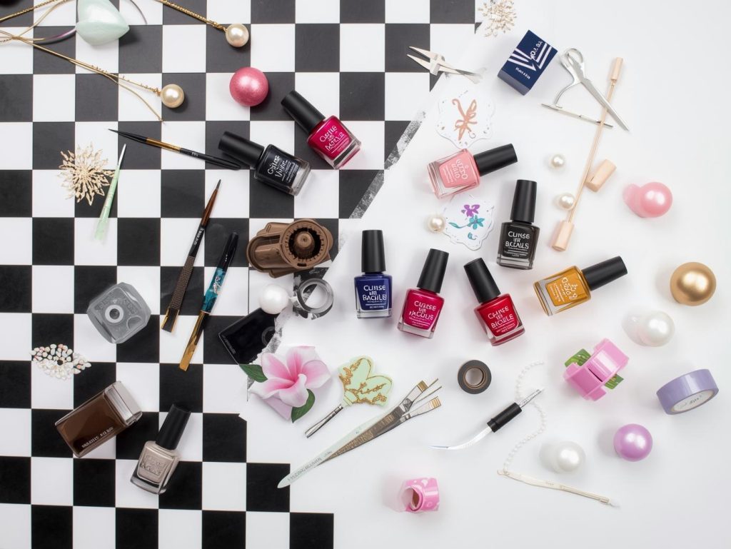  Nail art kit with polish and tools for checkerboard nail designs.