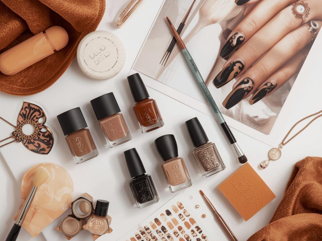  Nail art kit with polish and tools for tortoise shell nail designs.