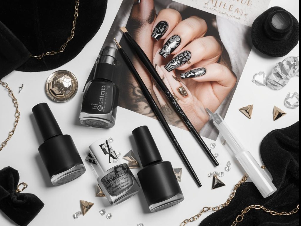 Nail art kit with polish and tools for matte black nail designs