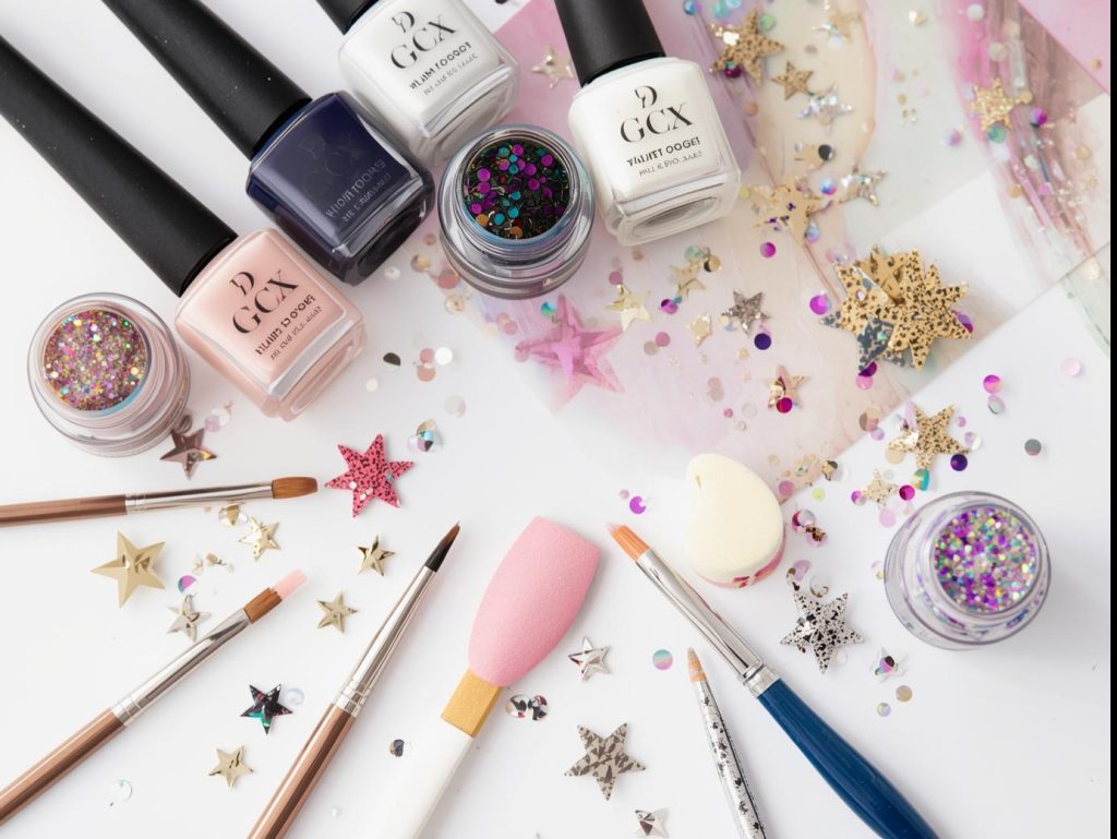 Nail art kit with polish and tools for glitter accent nail designs.