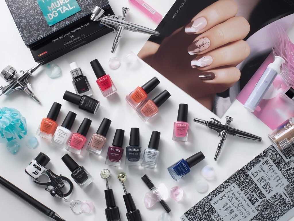 Nail art kit with polish and tools for airbrush nail designs.