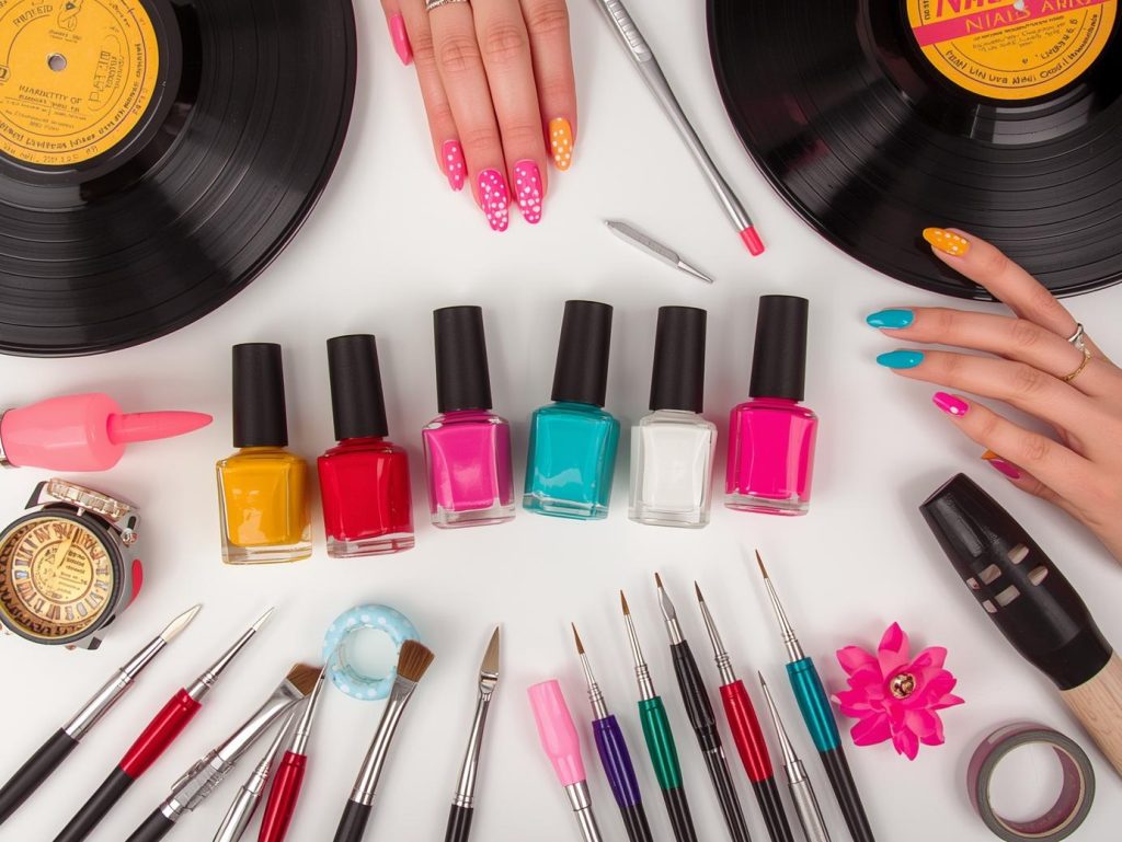 Nail art kit with polish and tools for retro nail designs.