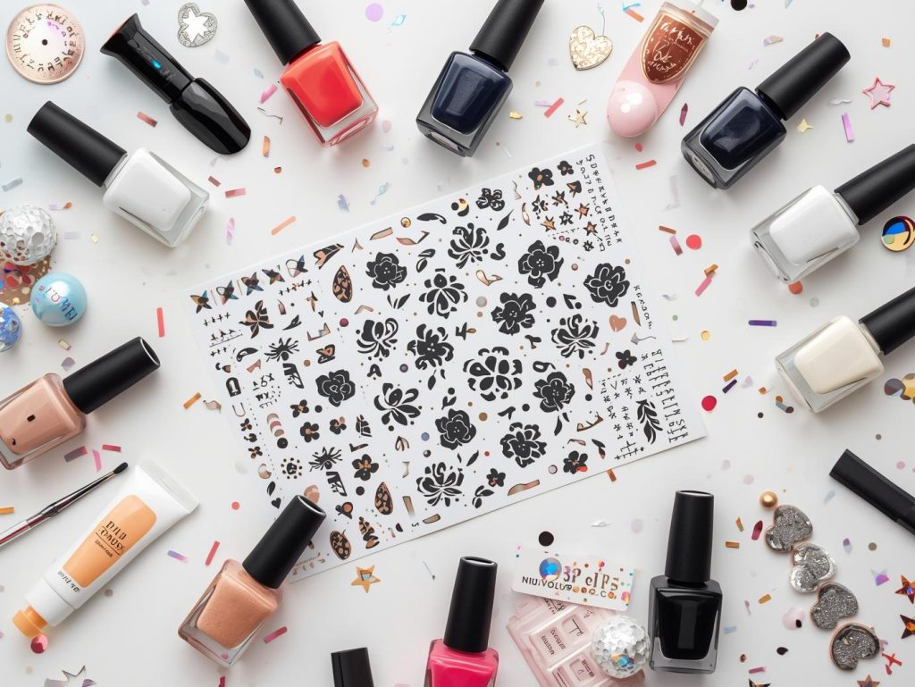  Nail art kit with polish and tools for nail sticker designs.